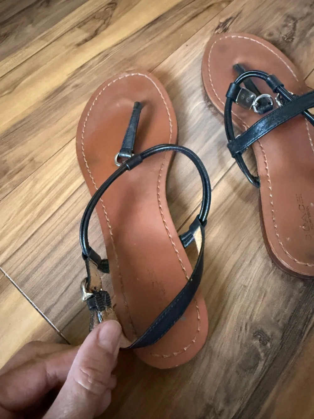 Coach Black T-Strap Brown Leather Flat